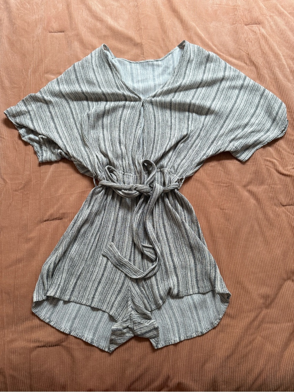 Striped Knit Romper in Light Gray and Cream